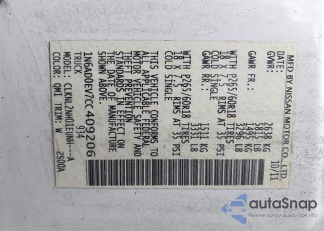 2012 Nissan Frontier Sv from USA, damaged, VIN 1N6AD0EV7CC409206